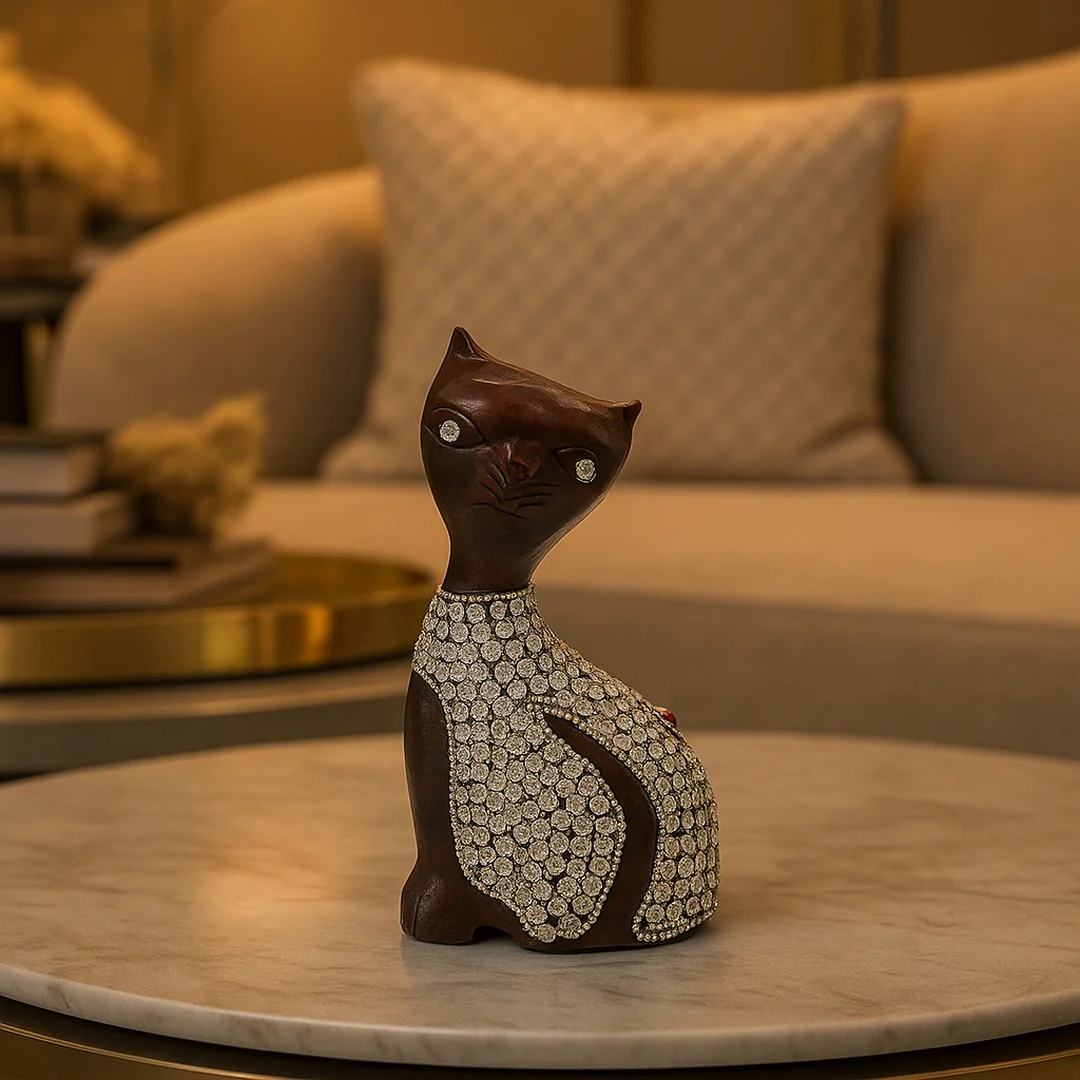 Wooden Cat Silver Chitton Work By Stories