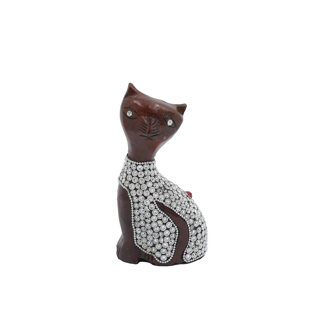 Wooden Cat Silver Chitton Work By Stories - Image 2