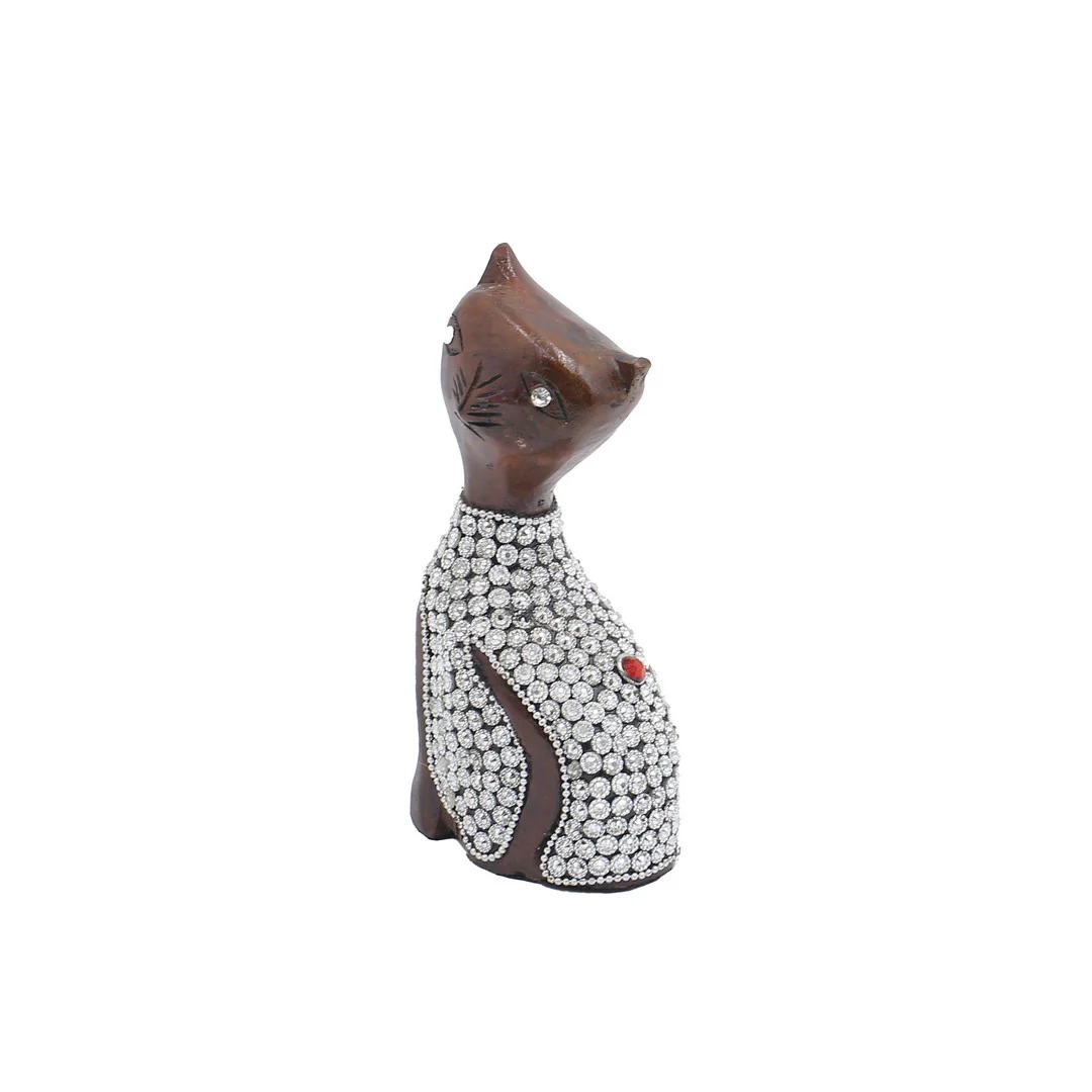 Wooden Cat Silver Chitton Work By Stories - Image 3