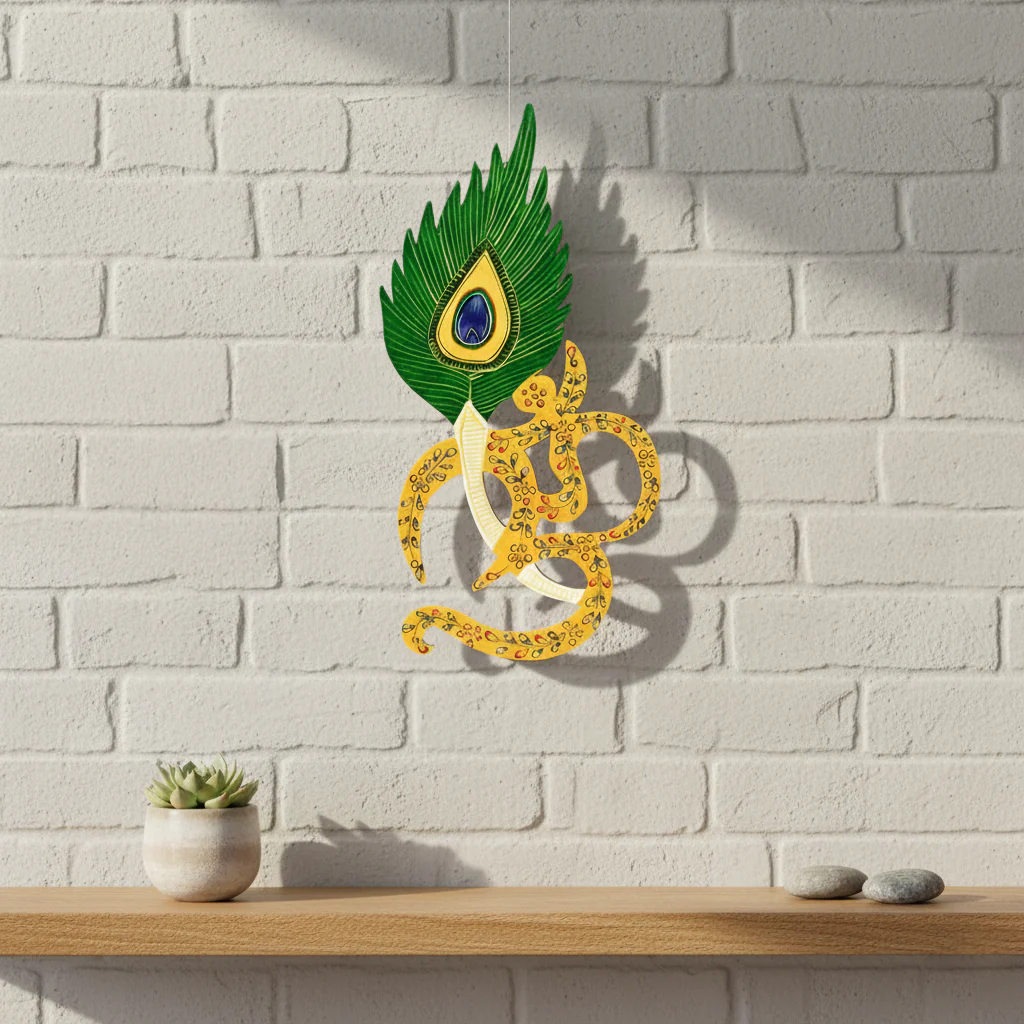 Wooden Om with Peacock Feather Painted Emb By Stories